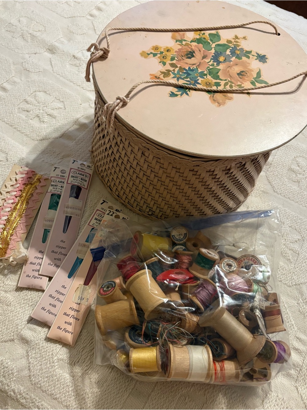 Woven Hat Box with Floral Lid - Pink and Natural